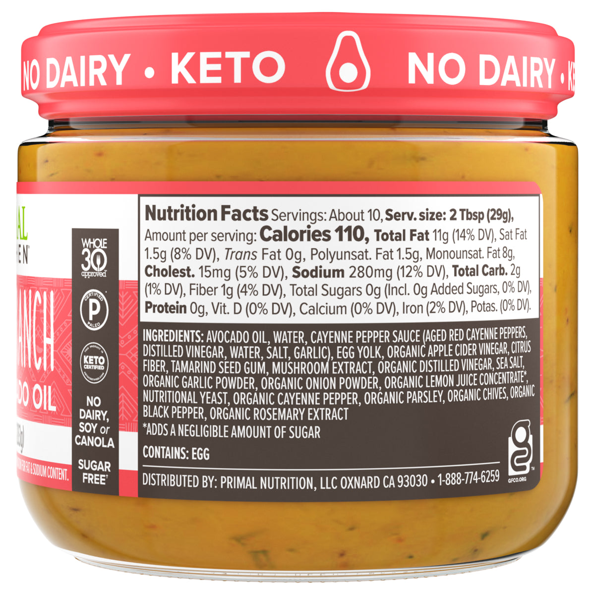 Back of a jar of Primal Kitchen Buffalo Ranch Dip including ingredient list and nutrition facts.