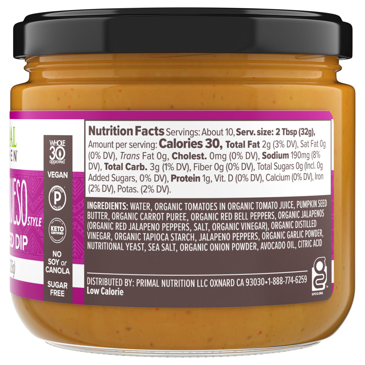 Back of a jar of Primal Kitchen Vegan No Dairy Spicy Queso Style Plant Based Dip including ingredient list and nutrition facts.