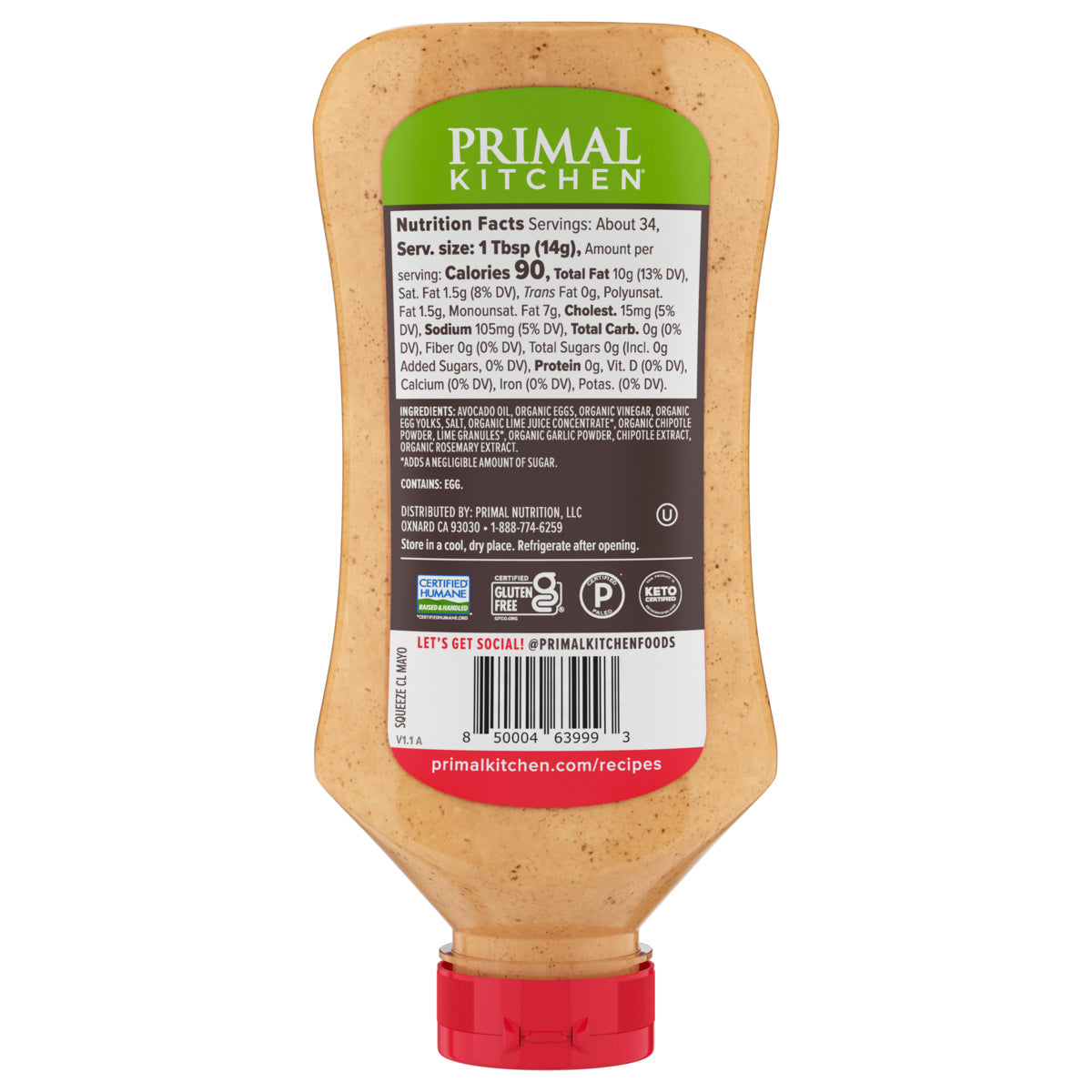 Nutritional label on a squeeze bottle of Squeeze Chipotle Lime Mayo made with Avocado Oil with a red label and lid on a light grey background.