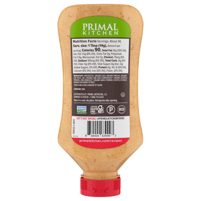 Nutritional label on a squeeze bottle of Squeeze Chipotle Lime Mayo made with Avocado Oil with a red label and lid on a light grey background.